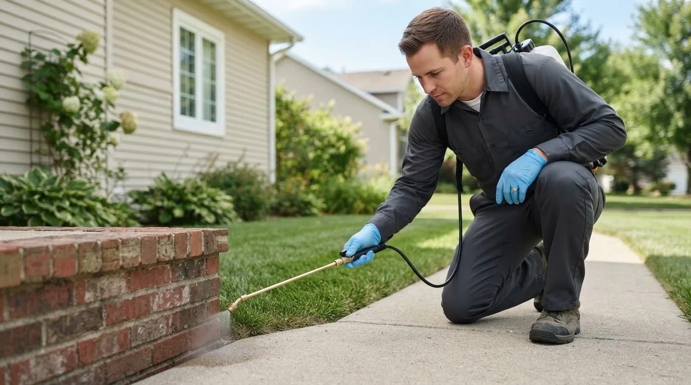 Pest control technician treating a home near Sutersville, PA