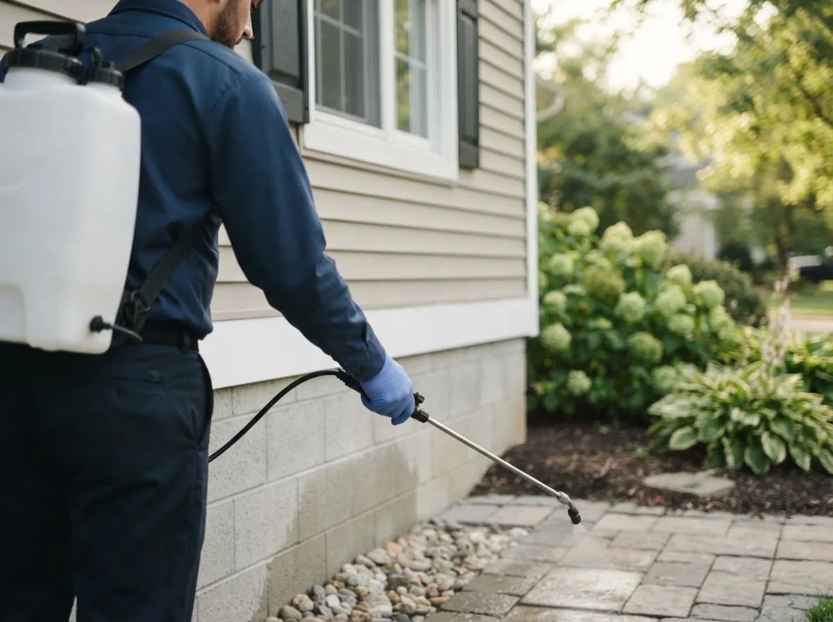 Pest control technician inspecting a home in Sutersville, PA